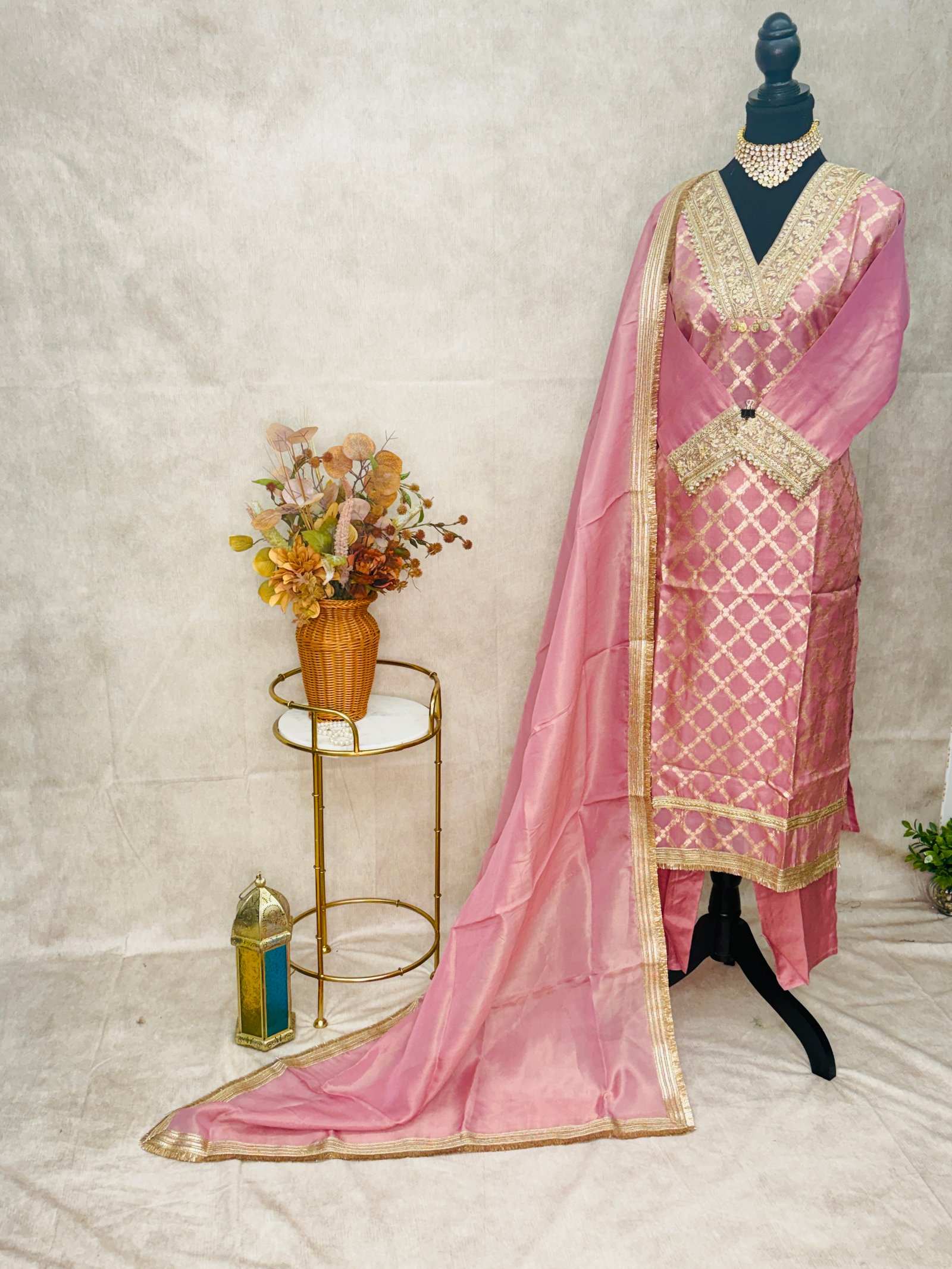Baby Pink & Gold Embroidered 3-Piece Suit Set